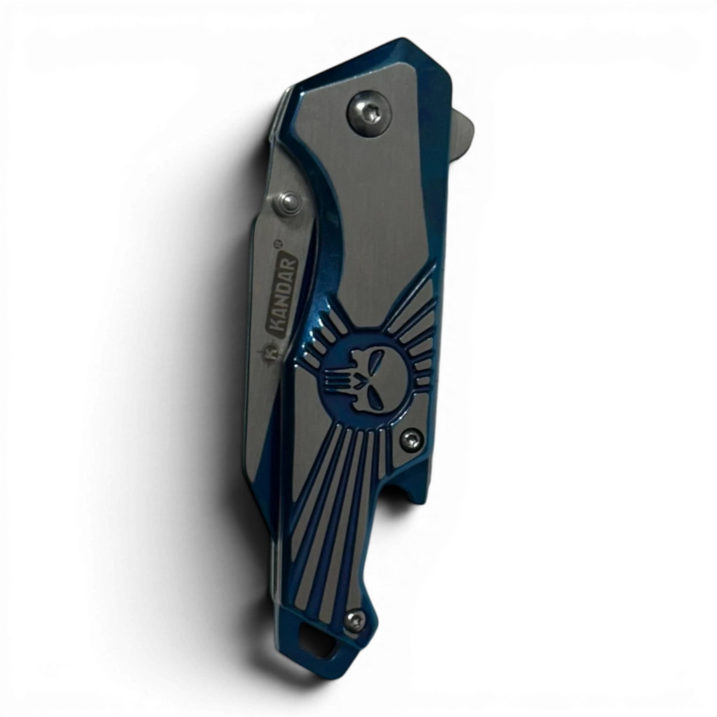 Binoklipood blue and silver tactical folding pocket knife with skull and sunburst graphic on metal handle.