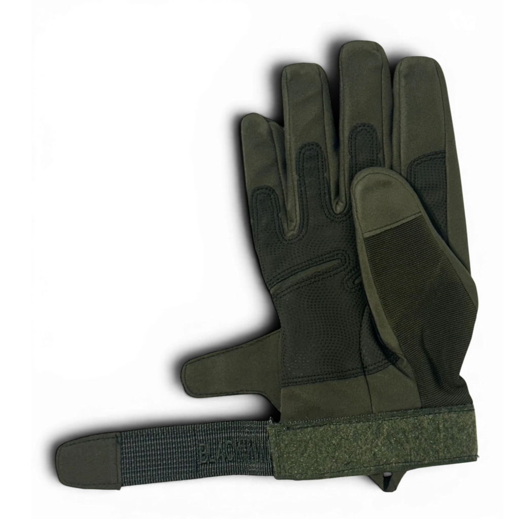 Binoklipood tactical gloves in olive green, featuring reinforced palms, textured fingertips, and adjustable wrist straps for outdoor activities.