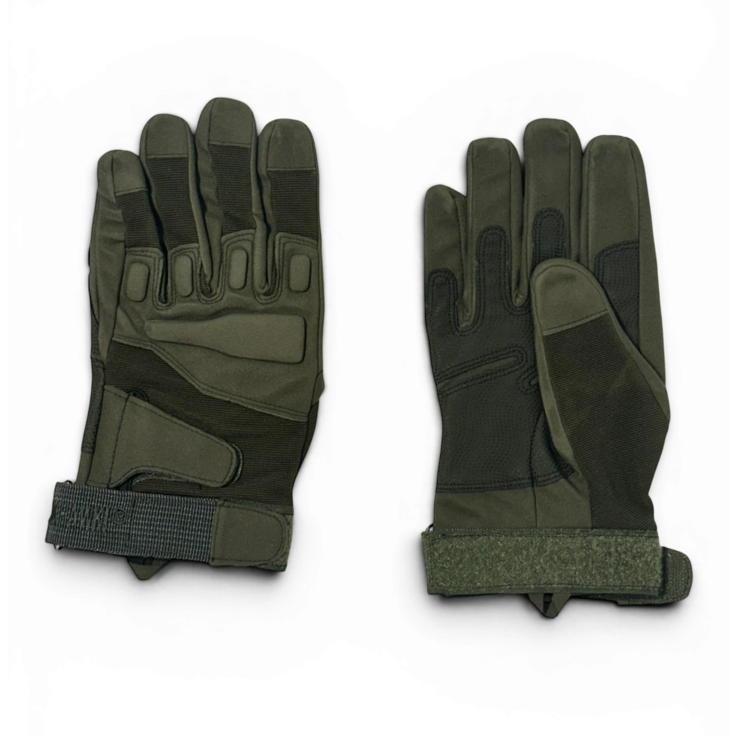 Binoklipood tactical military gloves in olive green, featuring reinforced palms, textured fingertips, and adjustable wrist straps for outdoor activities.