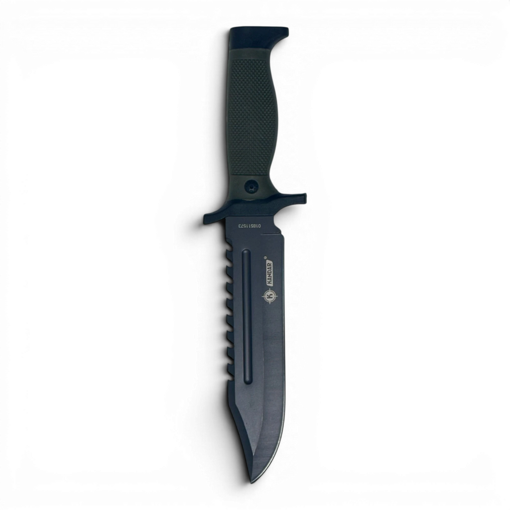 Binoklipood tactical survival knife with black stainless steel blade and green handle. Features serrated edge and finger guard.