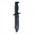 Binoklipood tactical survival knife with black stainless steel blade and green handle. Features serrated edge and finger guard.