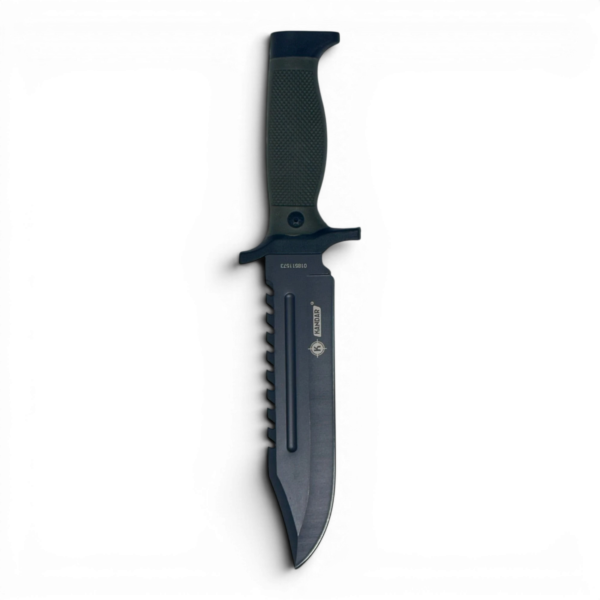 Binoklipood tactical survival knife with black stainless steel blade and green handle. Features serrated edge and finger guard.