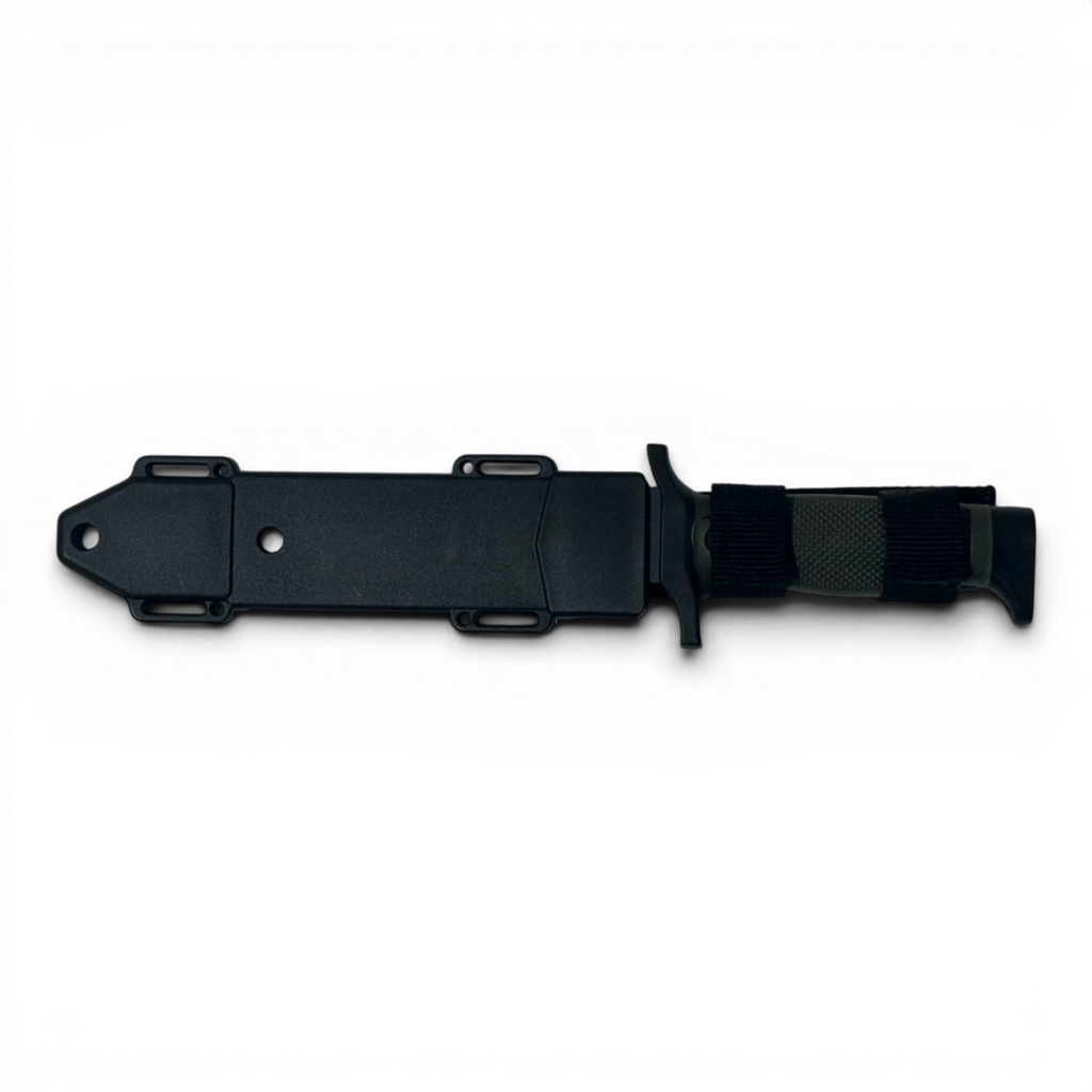 Binoklipood tactical survival knife with black coated blade, serrated edge, green handle, and black sheath.